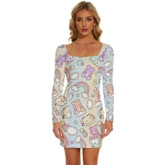 Pusheen Carebears Bears Cat Colorful Cute Pastel Pattern Long Sleeve Square Neck Bodycon Velour Dress