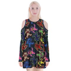 Bears Colors Dead Head Deadhead Grateful Dead Velvet Long Sleeve Shoulder Cutout Dress