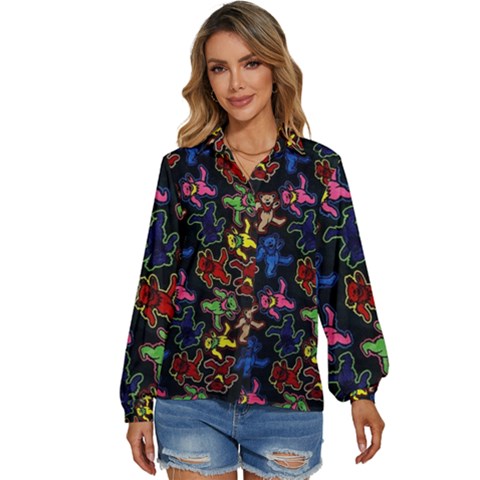 Bears Colors Dead Head Deadhead Grateful Dead Women s Long Sleeve Button Down Shirt by Sapixe