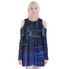 Screen Glitch Broken  Crack  Fracture  Glass Pattern Velvet Long Sleeve Shoulder Cutout Dress