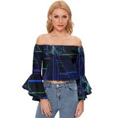 Screen Glitch Broken  Crack  Fracture  Glass Pattern Off Shoulder Flutter Bell Sleeve Top