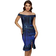 Screen Glitch Broken  Crack  Fracture  Glass Pattern Off Shoulder Ruffle Split Hem Bodycon Dress