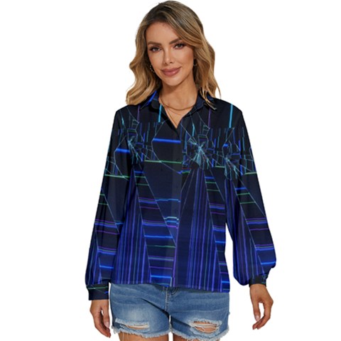 Screen Glitch Broken  Crack  Fracture  Glass Pattern Women s Long Sleeve Button Down Shirt by Sapixe