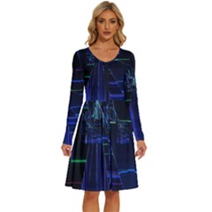 Screen Glitch Broken  Crack  Fracture  Glass Pattern Long Sleeve Dress With Pocket