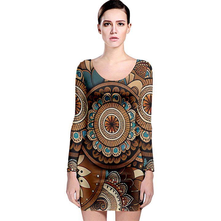 Bohemian Flair In Blue And Earthtones Long Sleeve Bodycon Dress