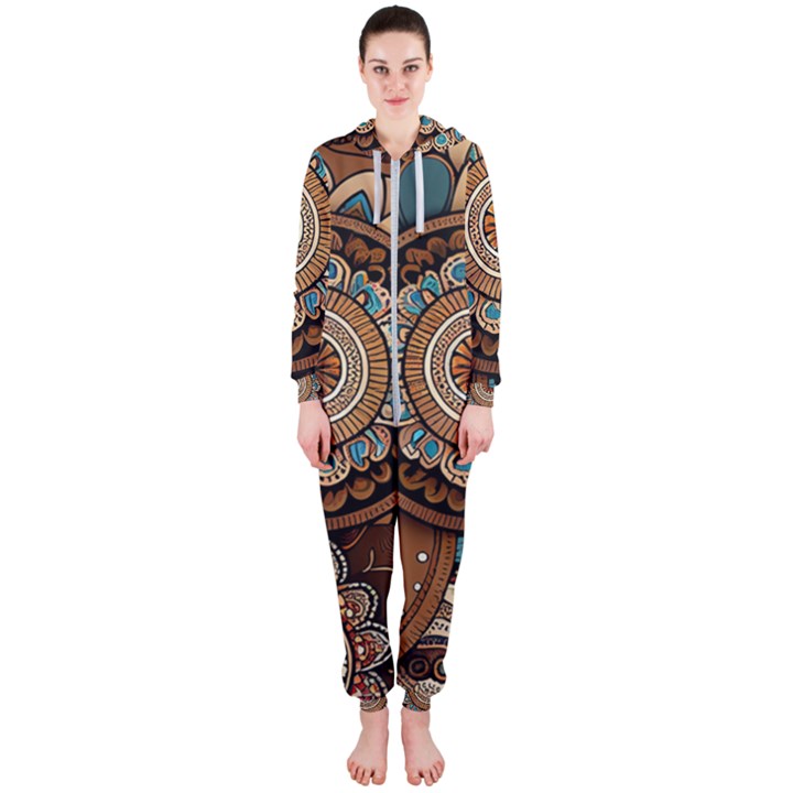 Bohemian Flair In Blue And Earthtones Hooded Jumpsuit (Ladies)