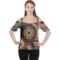 Bohemian Flair In Blue And Earthtones Cutout Shoulder Tee