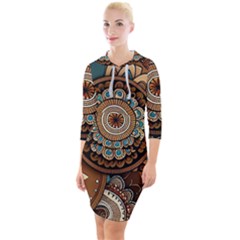 Bohemian Flair In Blue And Earthtones Quarter Sleeve Hood Bodycon Dress