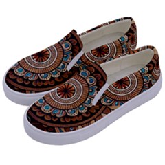 Bohemian Flair In Blue And Earthtones Kids  Canvas Slip Ons by HWDesign