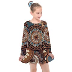 Bohemian Flair In Blue And Earthtones Kids  Long Sleeve Dress