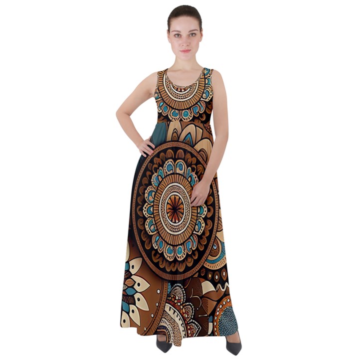 Bohemian Flair In Blue And Earthtones Empire Waist Velour Maxi Dress