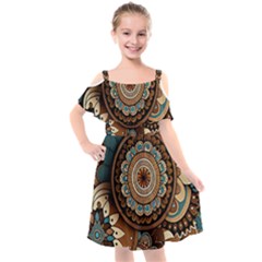 Bohemian Flair In Blue And Earthtones Kids  Cut Out Shoulders Chiffon Dress by HWDesign