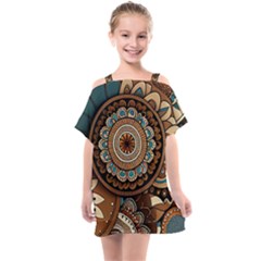 Bohemian Flair In Blue And Earthtones Kids  One Piece Chiffon Dress