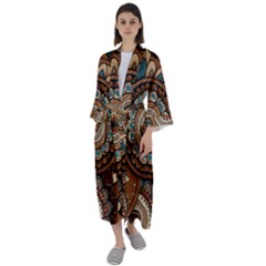 Bohemian Flair In Blue And Earthtones Maxi Satin Kimono