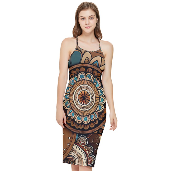 Bohemian Flair In Blue And Earthtones Bodycon Cross Back Summer Dress