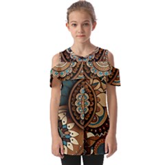 Bohemian Flair In Blue And Earthtones Fold Over Open Sleeve Top