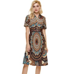 Bohemian Flair In Blue And Earthtones Button Top Knee Length Dress