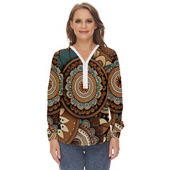 Bohemian Flair In Blue And Earthtones Zip Up Long Sleeve Blouse