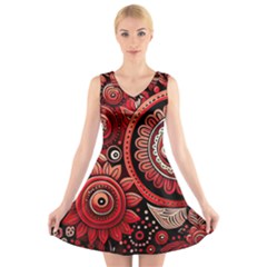 Bohemian Vibes In Vibrant Red V-neck Sleeveless Dress by HWDesign