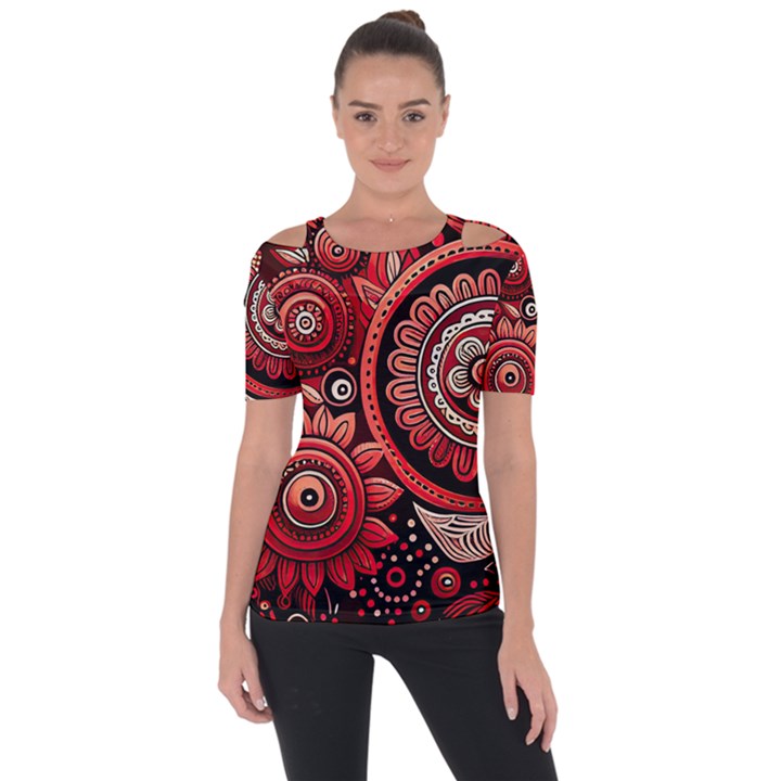 Bohemian Vibes In Vibrant Red Shoulder Cut Out Short Sleeve Top