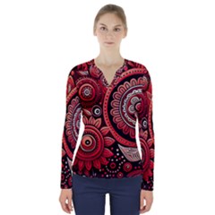 Bohemian Vibes In Vibrant Red V-neck Long Sleeve Top by HWDesign