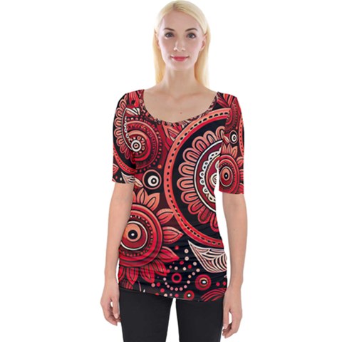 Bohemian Vibes In Vibrant Red Wide Neckline Tee by HWDesign