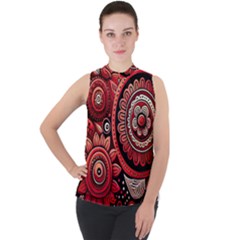 Bohemian Vibes In Vibrant Red Mock Neck Chiffon Sleeveless Top by HWDesign