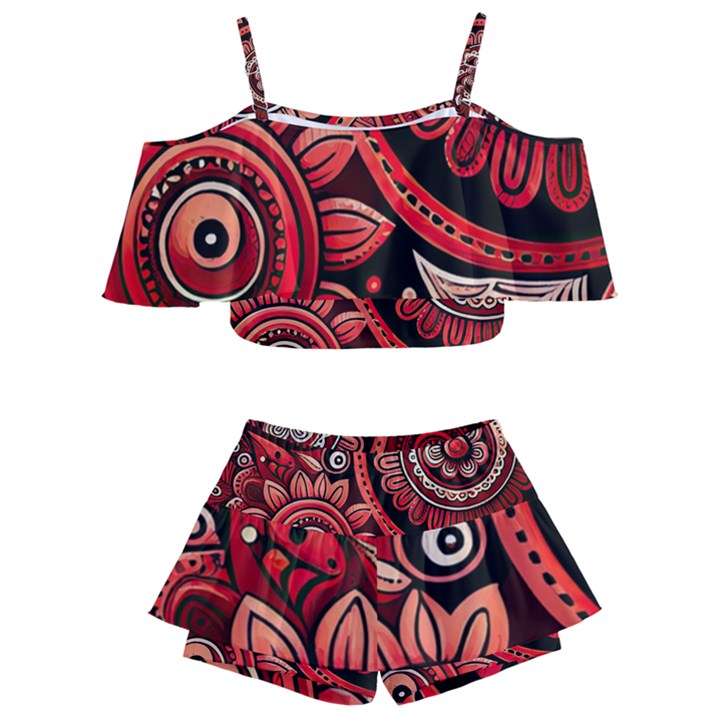 Bohemian Vibes In Vibrant Red Kids  Off Shoulder Skirt Bikini