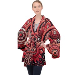 Bohemian Vibes In Vibrant Red Long Sleeve Velvet Kimono  by HWDesign