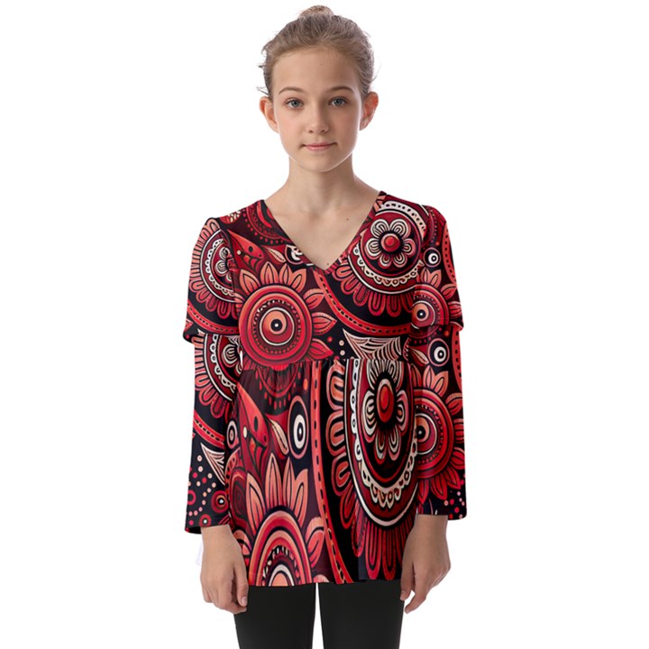 Bohemian Vibes In Vibrant Red Kids  V Neck Casual Top