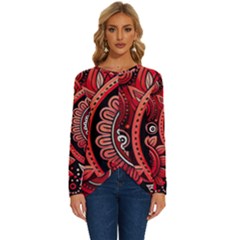 Bohemian Vibes In Vibrant Red Long Sleeve Crew Neck Pullover Top by HWDesign