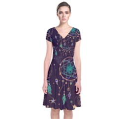 Bohemian  Stars, Moons, And Dreamcatchers Short Sleeve Front Wrap Dress