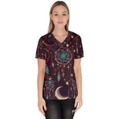 Bohemian  Stars, Moons, And Dreamcatchers Women s V-neck Scrub Top by HWDesign