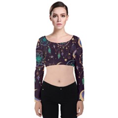 Bohemian  Stars, Moons, And Dreamcatchers Velvet Long Sleeve Crop Top by HWDesign