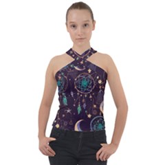 Bohemian  Stars, Moons, And Dreamcatchers Cross Neck Velour Top