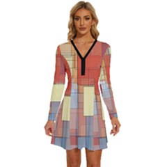 Art Abstract Rectangle Square Long Sleeve Deep V Mini Dress 