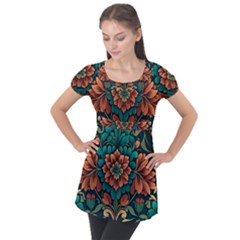 Flower Pattern Modern Floral Puff Sleeve Tunic Top by Ravend