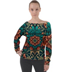 Flower Pattern Modern Floral Off Shoulder Long Sleeve Velour Top by Ravend