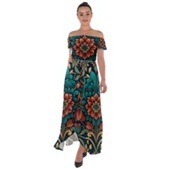 Flower Pattern Modern Floral Off Shoulder Open Front Chiffon Dress by Ravend