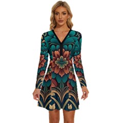 Flower Pattern Modern Floral Long Sleeve Deep V Mini Dress 