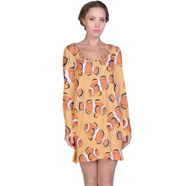 Fish Clownfish Orange Background Long Sleeve Nightdress