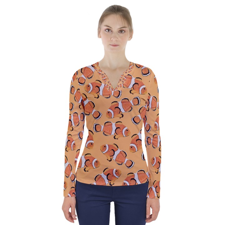 Fish Clownfish Orange Background V-Neck Long Sleeve Top