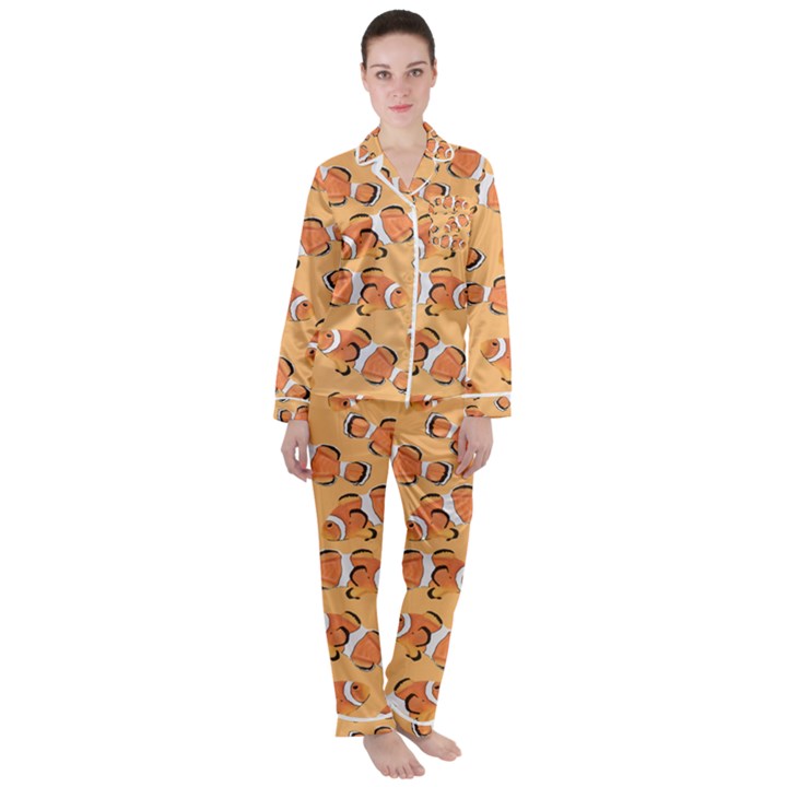 Fish Clownfish Orange Background Women s Long Sleeve Satin Pajamas Set	