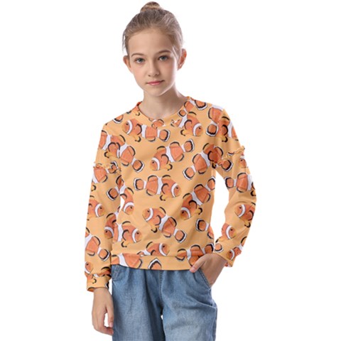 Fish Clownfish Orange Background Kids  Long Sleeve Tee With Frill  by Ravend