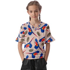 Bird Animals Parrot Pattern Kids  V-neck Horn Sleeve Blouse by Ravend