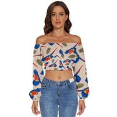 Bird Animals Parrot Pattern Long Sleeve Crinkled Weave Crop Top by Ravend