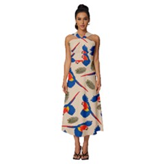 Bird Animals Parrot Pattern Sleeveless Cross Front Cocktail Midi Chiffon Dress by Ravend