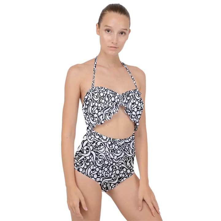 Question Mark Typographic Motif Random Pattern Scallop Top Cut Out Swimsuit