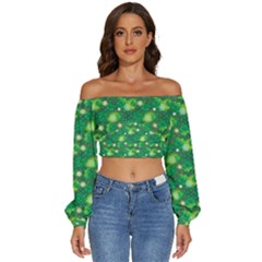 Leaf Clover Star Glitter Seamless Long Sleeve Crinkled Weave Crop Top