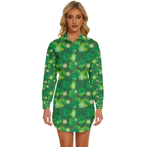 Leaf Clover Star Glitter Seamless Womens Long Sleeve Shirt Dress by Pakemis